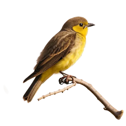 Small bird, perched, green branch, tiny beak, round eyes, fluffy feathers, brown wings, yellow belly, miniature legs, sharp claws, morning sunlight, soft focus, 3/4 composition, warm color tone, shall