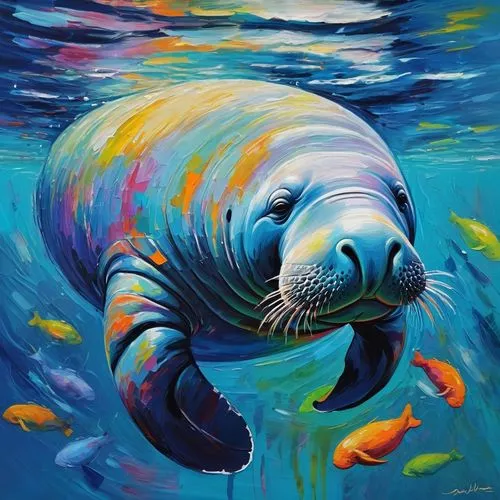 sea lion,marine mammal,california sea lion,semiaquatic,manatees,fish in water,wyland,ballenas,aquatic mammal,underwater fish,gray seal,sea bear,sea animal,rainbowfish,koi fish,porpoise,manatee,sealion,aquos,blue fish,Conceptual Art,Oil color,Oil Color 10