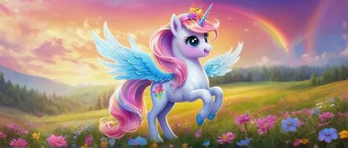 My Little Pony OC, cute, colorful, magical, unicorn, sparkling horn, flowing mane, bright blue eyes, blush, gentle smile, delicate wings, pastel rainbow colored tail, wearing a tiny crown, holding a h