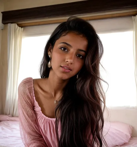 The Moroccan girl blows a kiss into the air.  She is sitting on the bed in her room.  She wears a short pink blouse.,a girl with long black hair sits on a bed,thahane,indian girl,suhana,vaishnavi,vrin