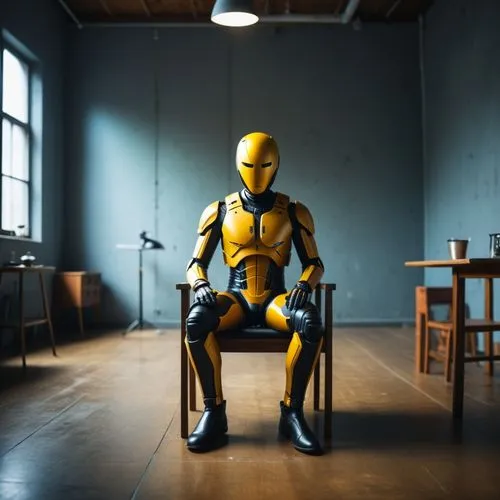 create this front foot impact test cap character,a robot sitting in a chair in an industrial style room,robonaut,new concept arms chair,yellowjacket,steel man,cyrax,steelman,Photography,General,Fantas