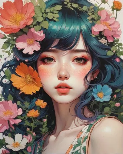 realistic painting of a anime girl dressed in flowers, in the style of artgerm, loose linework, lush and detailed, detailed facial features, cottagecore, nature-inspired, close-up intensity,a girl wit