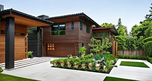 Generate a captivating image of a modern house with dark wooden walls and a stunning high-tech garden immersed in nature.,garden design sydney,landscape design sydney,landscape designers sydney,modern