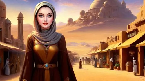 Romantic masterpiece oil painting, beautiful girl portrait, abaya dress, nostalgic 1950's style kitsch, breathtaking beautiful epic vast landscape, Star Wars Tatooine, Mos Eisley Spaceport, majestic s