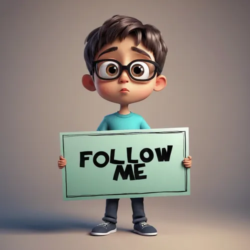 Small and graceful young boy with big eyes holding a sign that says: "Follow me". 3D rendering. Illustration, comic art.,follow,followers,cute cartoon image,follower,follow us,fallow,social media mark