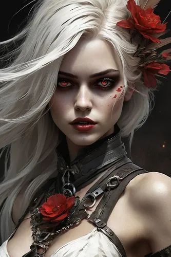 black rose hip,dark elf,black rose,red rose,queen of hearts,widow flower,elven flower,vampire woman,vampire lady,porcelain rose,fire red eyes,white rose snow queen,red roses,wild rose,noble roses,fantasy art,red petals,wild roses,fantasy portrait,noble rose,Illustration,Realistic Fantasy,Realistic Fantasy 05