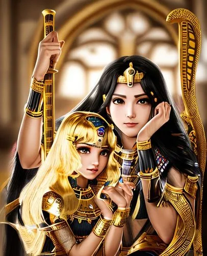 right side is a handsome charming  prince in long hair black, holding a sword and left side is  a cute gold hair princess  in the style of egyptian ,real human

,pharaonic,ancient egyptian girl,egypti