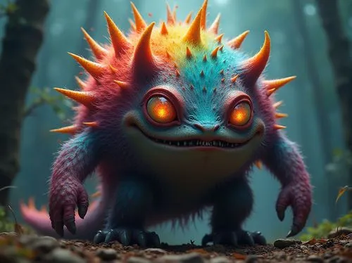 bajkowy potwór, tęczowy,gruby,10 twarzy,cały w kolcach i ma futro,tęczowe oczy,an ugly creature in the middle of a forest,jaggi,chua,cimaron,luarsab,heimerdinger,soundex