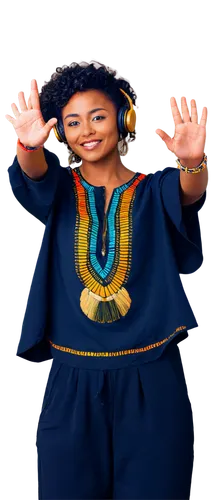 DJ, Afro beats, instrumental music, vinyl record, turntable, headphones, African-inspired clothing, colorful dashiki, gold chain, confident posture, hands raised in triumph, spotlight shining down, da