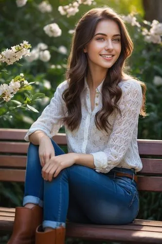 Beautiful young woman, brunnette hair, green eyes, subtle eyeliner, natural makeup, slender nose, soft lips, gentle smile, relaxed shoulders, casual blouse, denim jeans, brown boots, sitting on a park