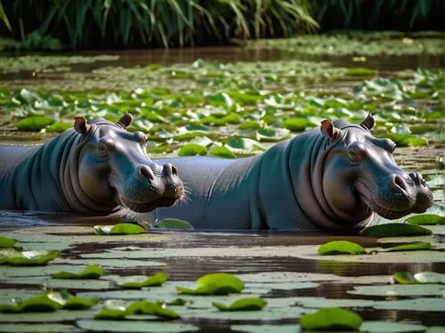 Hippos in the river, aquatic plants, muddy banks, bright green water lilies, clear turquoise water, warm sunlight, soft misty atmosphere, playful hippos swimming and playing, detailed scaly skin, shin