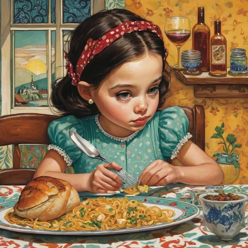 During a family dinner, a girl fabricates a story to hide her secret.,girl with bread-and-butter,girl with cereal bowl,girl in the kitchen,the little girl,appetite,child portrait,doll kitchen,young gi