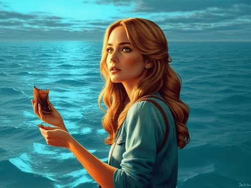 galadriel,girl on the boat,digital painting,azzurra,world digital painting,the blonde in the river,ocean,mer,winslet,jasinski,girl on the river,cersei,at sea,lydia,aquamarine,siren,isolina,digital art,blue sea,girl with a dolphin,Illustration,Realistic Fantasy,Realistic Fantasy 25