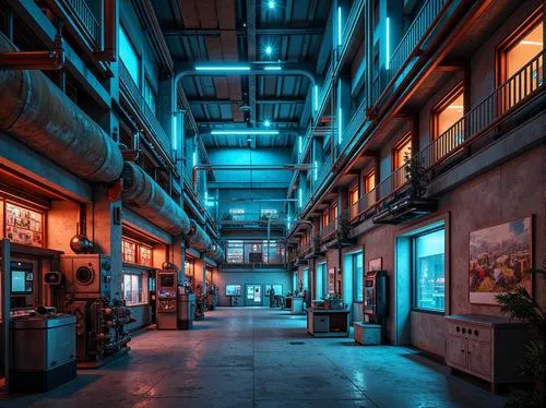 Industrial energy plants, metallic structures, bold color schemes, neon lights, warning signs, steel beams, concrete foundations, mechanical equipment, pipes and valves, control rooms, digital display