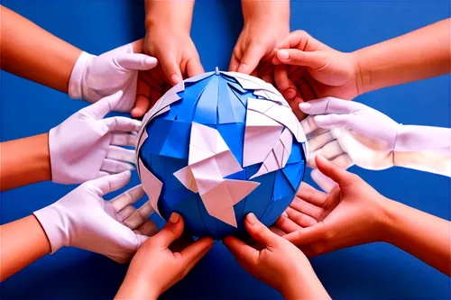 Global peace, globe, hands holding, diverse people, smiling faces, closed eyes, peaceful expressions, gentle fingers, blue-white globe, satin texture, soft focus, warm lighting, shallow depth of field