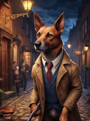 fawkes,investigator,detective,businessman,fox hunting,overcoat,dog illustration,private investigator,aristocrat,basenji,gentlemanly,dhole,butler,red dog,game illustration,business man,street dog,dog street,inspector,fox,Conceptual Art,Fantasy,Fantasy 31