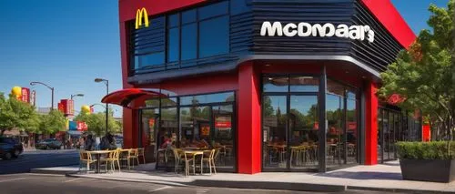 McDonald's, modern fast food restaurant, yellow arches, bright red walls, large glass windows, metal frames, sleek lines, minimalist interior, wooden tables, plastic chairs, self-service kiosk, digita