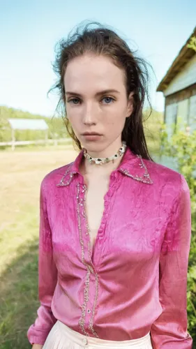 a cool young female urban outfitters model with hair that is wavy and effortless beach hair, unique facial features, and a demure look on her face. wearing an untucked, unbuttoned, embellsihed collare