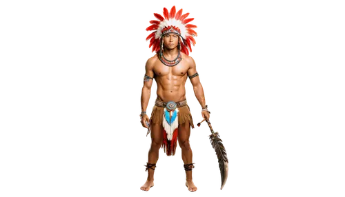 Chuukese warrior, male, muscular build, proud posture, fierce gaze, tribal tattoos on face and body, feathered headdress, holding a spear, standing on one leg, dramatic lighting, high contrast, 3/4 co