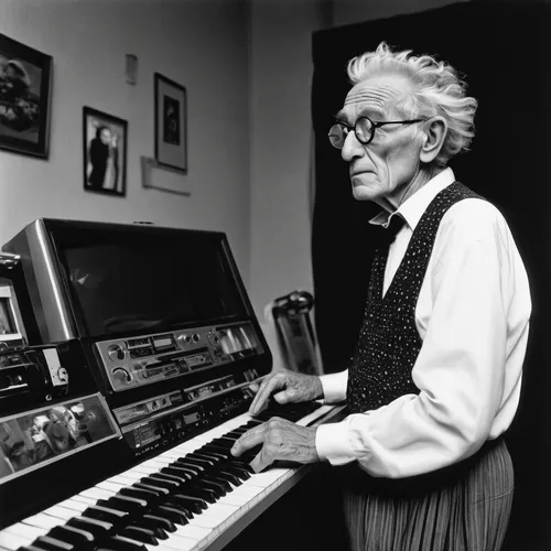 Depict an elderly stand-up comic trying to adapt to modern technology for a comedy special.,ervin hervé-lóránth,matruschka,old elektrolok,moog,organist,synthesizers,ondes martenot,composer,pianist,key