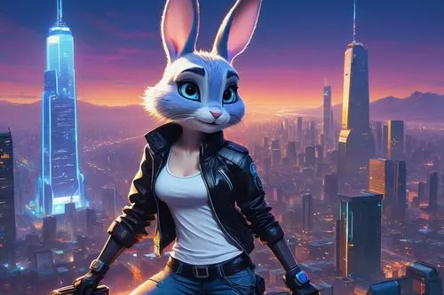 above the city,dusk background,cityscape,cyberpunk,city ​​portrait,bun,jackrabbit,big city,thumper,game art,city view,city trans,jack rabbit,cg artwork,sci fiction illustration,evening city,city skyline,rosa ' amber cover,city,harbour city,Illustration,Paper based,Paper Based 17