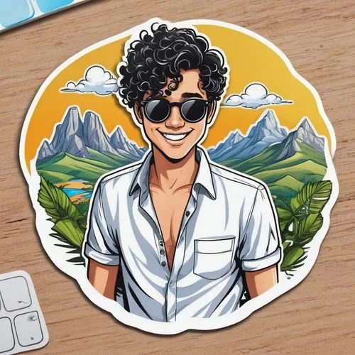 Round youtube logo with head of a smiling 20 year old boy white short black hair curly sunglasses with in background a landscape holiday white shirt cartoon realistic,toriko,flat blogger icon,jiiva,cl