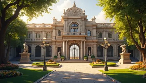 Ornate school facade, grand entrance gates, manicured lawns, ornamental fountains, statues of historical figures, meandering stone pathways, symmetrical garden beds, vibrant flower arrangements, majes