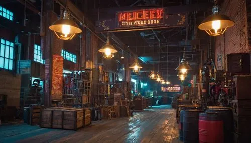 Abandoned architectural salvage store, Sacramento CA, rustic brick exterior, worn wooden sign, vintage metal lanterns, distressed concrete floor, old wooden crates, antique furniture pieces, reclaimed