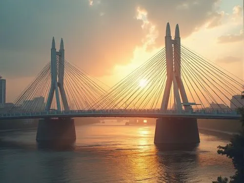 Unique bridge, Celadon color, modern architecture, steel structure, cable-stayed design, urban landscape, cityscape, river crossing, sunset time, warm golden light, gentle mist, reflection on the wate