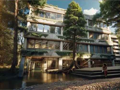 house by the water,aqua studio,house with lake,kovco,3d rendering,forest house,tarabya,appartment building,stilt house,house in the forest,delamar,intercostal,kontiolahti,arkitekter,kwakwaka,fitzcarraldo,bjorndalen,nordhagen,biopolis,ecovillage