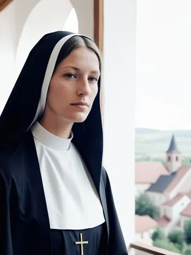 Hildegard at the day of her ordination as a nun in the idyllic monastery of Bingen, prepares for the next step on her spiritual path with a thoughtful expression on her face.,a nun poses in front of a