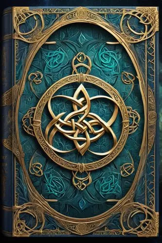 Book cover design, fantasy novel, medieval setting, mysterious atmosphere, intricate details, leather-bound book, golden font, Celtic knot patterns, ornate frames, misty forest background, eerie moonl