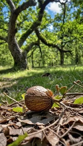 The lone acorn, heavy with potential, tumbled from the oak's embrace. Its journey, a symphony of stumbles and scrapes, would yet birth a mighty tree.,lonely chestnut,acorn,wild chestnuts,fallen acorn,