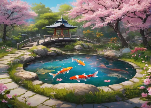 koi pond,fish pond,garden pond,japanese sakura background,japanese garden,lily pond,wishing well,japan garden,spring background,pond flower,crescent spring,springtime background,koi,spring blossoms,sakura background,koi fish,fantasy landscape,lotus pond,japanese garden ornament,the cherry blossoms,Conceptual Art,Graffiti Art,Graffiti Art 03