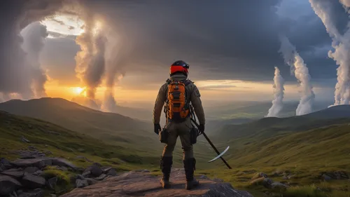 mountain guide,the wanderer,fantasy picture,world digital painting,wanderer,adventurer,mountaineer,photomanipulation,hiking equipment,pilgrimage,photo manipulation,above the clouds,fantasy landscape,d