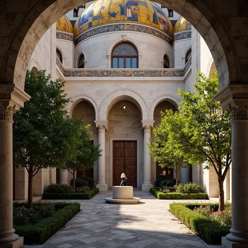 Intricate stone carvings, ornate arches, grand domes, vibrant mosaics, golden accents, richly textured fabrics, solemn atmosphere, peaceful courtyard, lush greenery, ancient trees, worn stone pathways