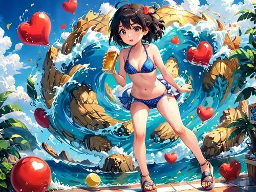 summer background,fubuki,niijima,himawari,mayuri,beach background,Anime,Anime,Realistic