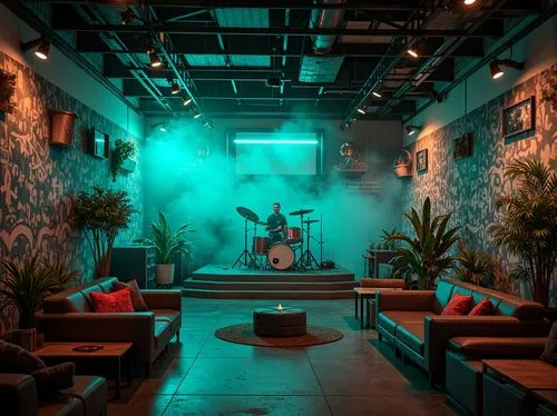 Vibrant teal accents, neon lights, dynamic stage design, eclectic music instruments, graffiti walls, industrial metal beams, polished concrete floors, trendy lounge seating, retro-futuristic decor, ed