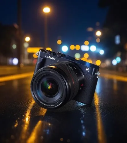 LUMIX S9 STANDING ON A DARK WET ROAD WITH CITY LIGHT ON THE BACKGROUND , SAME ON THE PICTURE, MAKE IT 4K HD,a camera on the ground on a rainy night,night photography,photo session at night,sony alpha 