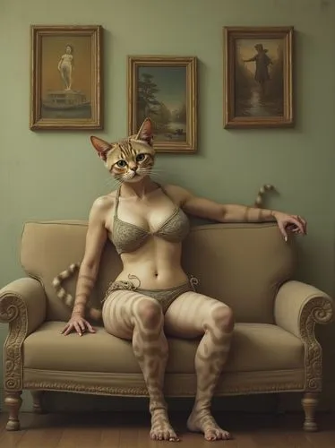 Surreal, imaginative depiction of a slender and sweet looking creature with a cat's face and hairy cat legs (including a short tail), but a human torso, who has made herself comfortable in a bikini to