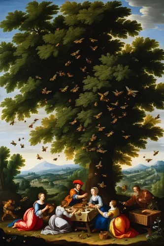 Imagine a romantic setting where a couple's picnic is disrupted by a swarm of bees, causing chaos and laughter.,birds on a branch,colomba di pasqua,birds on branch,hunting scene,flock of birds,walnut 