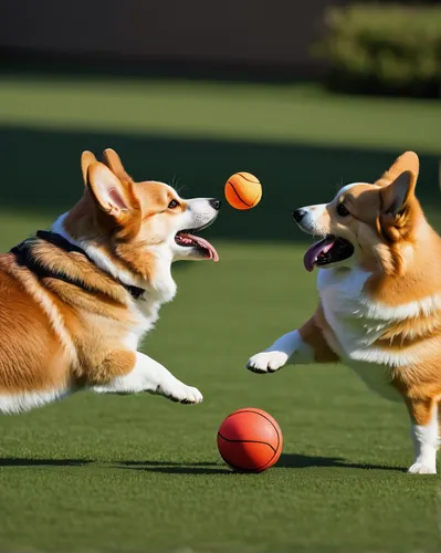 Compose a funny dialogue between two corgis debating who is the better fetch player.,dog sports,corgis,the pembroke welsh corgi,playing dogs,animal sports,pembroke welsh corgi,dog training,dog school,