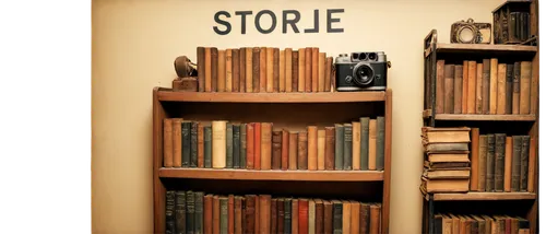 Old store, nostalgic atmosphere, vintage camera, worn wooden shelves, rusty metal racks, dusty old books, antique decorative items, faded signboard, warm lighting, shallow depth of field, 3/4 composit