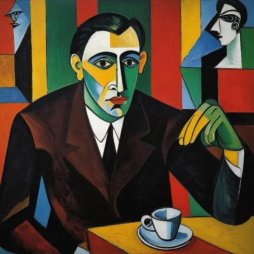 man in caffe，by picasso,mayakovsky,brauner,metzinger,macke,picasso,malevich,cocteau,walser,diaghilev,piatigorsky,lipatti,trenaunay,muyres,schoenberg,modigliani,martov,picassos,poulenc,man with a compu