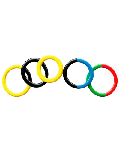 Olympic rings logo, colorful interconnected rings, blue, yellow, black, green, red, metallic material, shiny surface, circular shape, symmetrical composition, 3D rendering, soft focus, white backgroun