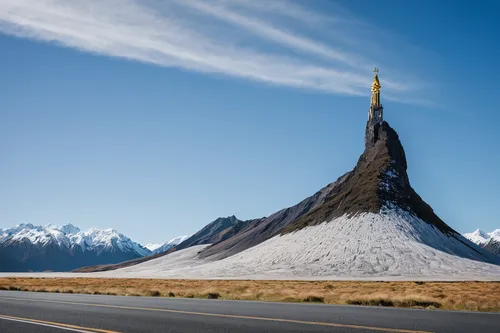 mitre peak,road cone,the volcanic cone,salt mountain,alcan highway,mountain highway,lava dome,mt cook,south island,camel peak,russian pyramid,snow mountain,giant mountains,eastern iceland,tekapo,new zealand,steep mountain pass,mountain peak,bonneville,the spirit of the mountains,Illustration,Retro,Retro 26