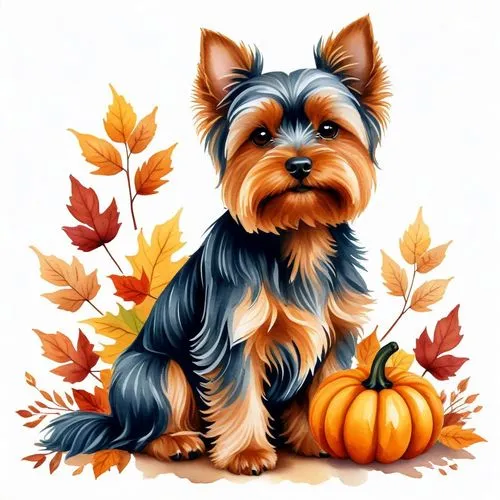 Watercolor clipart of Yorkshire Terrier; Fall aesthetic; no background.,a dog sitting next to some pumpkins and leaves,autumn icon,pupkin,yorkshire terrier,biewer yorkshire terrier,autumn background,g