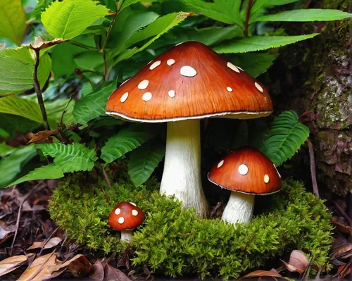 Describe a peaceful garden with chestnut mushrooms as decorations,forest mushrooms,toadstools,russula integra,mushroom landscape,forest mushroom,russula,agaricaceae,crown caps,capreolus capreolus,bole