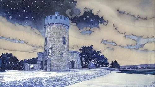 Romantic illustration of stone building in the snow with warm glowing windows and lights at night time, epic swirling clouds and dark blue starry sky, high contrast, volumetric atmospheric lighting, b