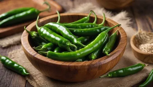 Fresh Green Chili in the wooden bowl on a table, realistic image,serrano peppers,jalapenos,chile pepper,jalapeno,anaheim peppers,chilli pods,gherardi,pimentos,sabzi,rajas,green beans,chiles,chilies,gh